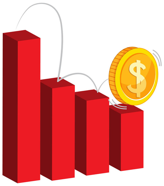 Grafico a barre rosso con una moneta che scende illustrazione - Vettoriali, immagini