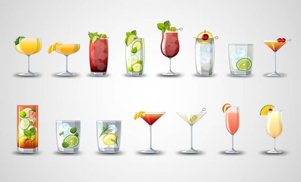 Different cocktails in the glasses set cartoon illustration - Vector, Image