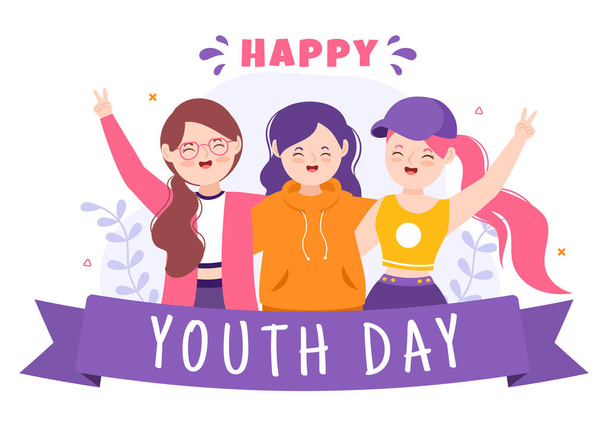Genç Erkekler ve Kızların Düz Tarzlı Kampanyası İçin Mutlu Uluslararası Gençlik Günü Çizgi Filmleri - Vektör, Görsel