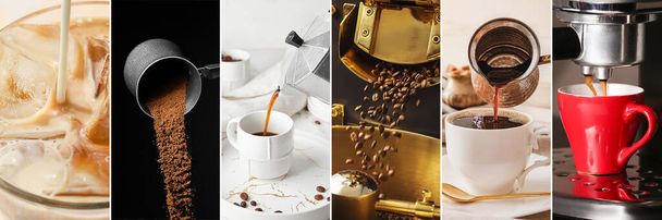 Collage met lekkere koffie, bonen en poeder - Foto, afbeelding