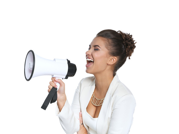 Business woman with megaphone yelling and screaming isolated on white background - Fotoğraf, Görsel