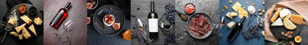 Set of expensive red wine with grapes, corkscrew and tasty food on dark background, top view - Photo, Image