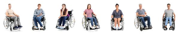 車椅子の幸せな人々の白に隔離されたセット - 写真・画像