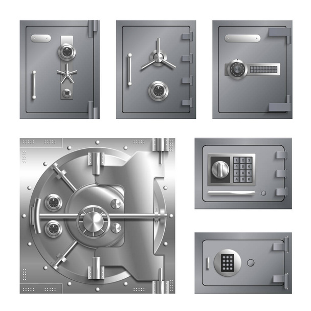 Cofre armários portas definidas com símbolos de segurança realista ilustração vetorial isolado - Vetor, Imagem
