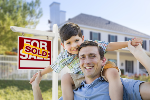 Mixed Race Father, Son Piggyback, Front of House, Sold Sign - Photo, Image