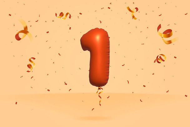 3d número 1 Venta de descuento promoción hecha de confeti realista Hoja 3d naranja helio globo vector. Ilustración para la venta de póster, anuncios de pancartas, bolsa de compras, caja de regalo, cumpleaños, aniversario - Vector, imagen