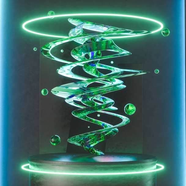 Ilustração 3D da escultura abstrata verde instalada no pedestal redondo perto de paredes iluminadas no museu futurista - Foto, Imagem