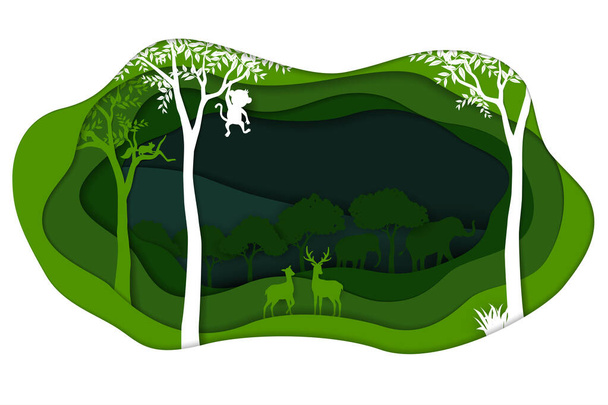 Sauver la nature et l'environnement concept de conservation avec les animaux la faune dans le paysage forestier, abstrait scène d'art en fond de couche de papier en profondeur, illustration vectorielle - Vecteur, image