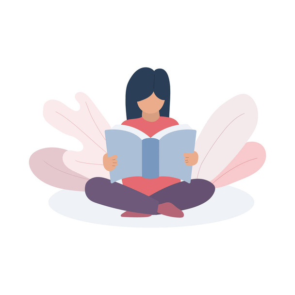 Une fille assise par terre et lisant un livre. Vecteur et illustration. - Vecteur, image