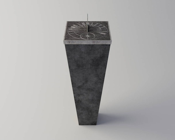 Un reloj de sol de piedra cuadrada con números romanos grabados de pie una base de roca monolítica sobre un fondo de estudio aislado - 3D render - Foto, Imagen