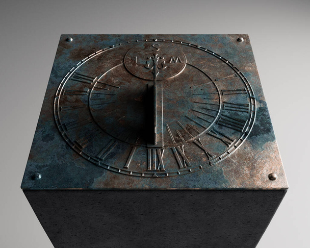 Eine quadratische gegossene Bronzesonnenuhr mit römischen Ziffern, die auf einem monolithischen Betonsockel auf einem isolierten Studiohintergrund steht - 3D-Render - Foto, Bild