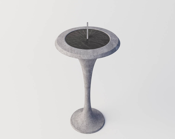 Un reloj de sol de piedra redonda moderna con números romanos grabados de pie una base de roca monolítica sobre un fondo de estudio aislado - 3D render - Foto, Imagen