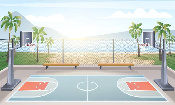 Lege outdoor basketbalveld in tropisch gebied met zee bergen en zonsopgang in achtergrond cartoon vector illustratie - Vector, afbeelding