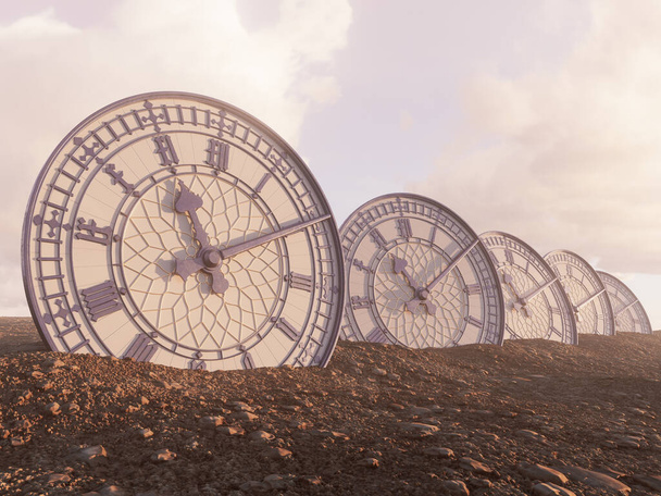Linia w połowie zakopanych zabytkowych zegarów wykonanych z niebieskiego żelaza ze złotym wykończeniem w piaszczystym żwirowym krajobrazie - renderowanie 3D - Zdjęcie, obraz