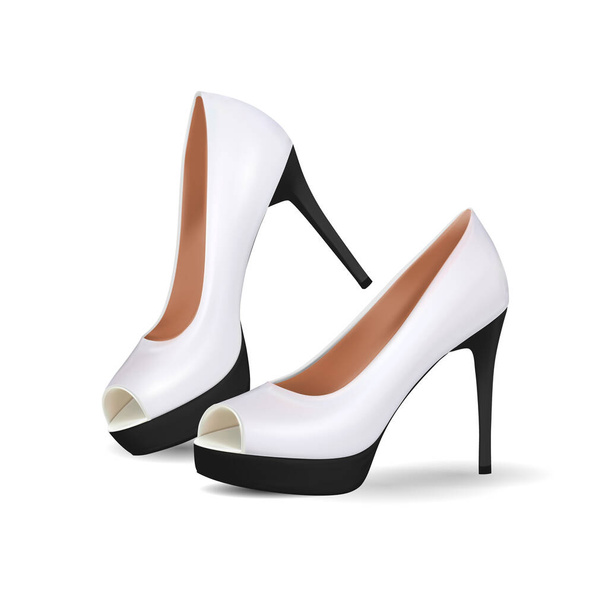 White and black suede high heel women shoe isolated on white background. Realistic vector, 3d illustration. - Vettoriali, immagini