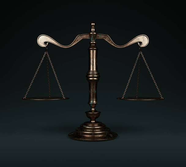 Zdobené mosazné justiční váhy s dřevěnou základnou na tmavém izolovaném pozadí - 3D vykreslování - Fotografie, Obrázek