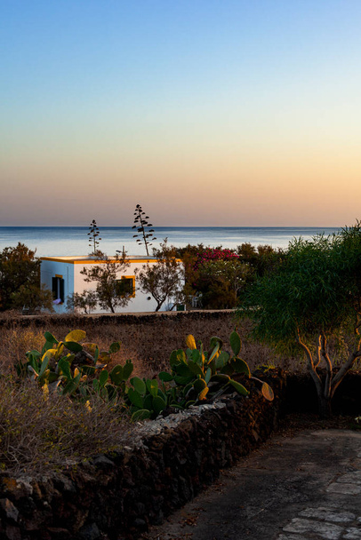 Άποψη του τυπικού σπιτιού της Linosa που περιβάλλεται από μεσογειακό πράσινο. Linosa είναι ένα από τα νησιά Pelagie στη Σικελία Μάγχη της Μεσογείου - Φωτογραφία, εικόνα
