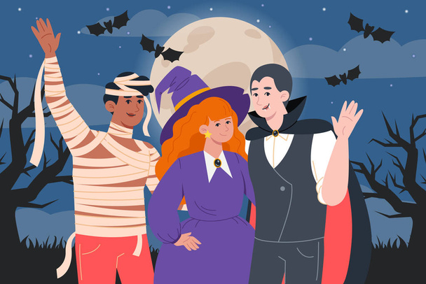 Menschen in Kostümen für die Halloween-Nacht, Vampire, Hexen und Mumien vor dem Hintergrund einer nächtlichen Landschaft und eines Vollmondes - Vektor, Bild