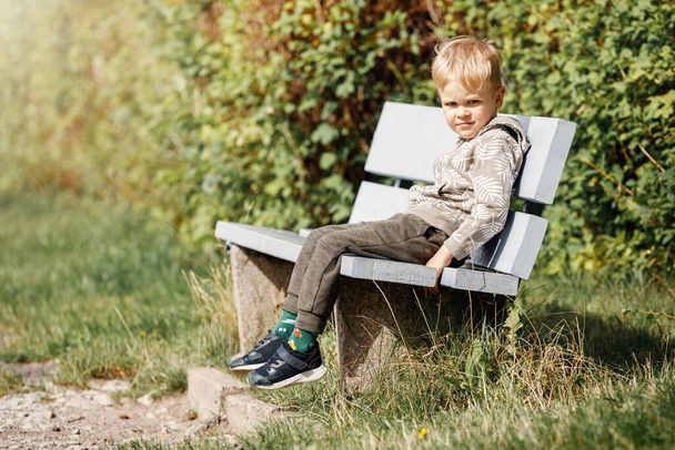 A smiling little boy sits on a wooden gray bench in a city park against the backdrop of green summer foliage and sunlight. - Foto, afbeelding