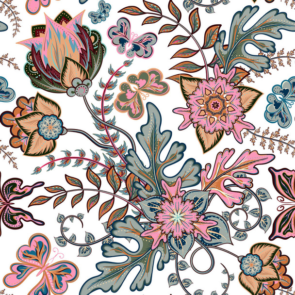 Seamless pattern with fantasy flowers, natural wallpaper, floral decoration curl illustration. Paisley print hand drawn elements. Home decor. Vector - Vecteur, image