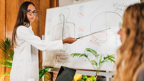Female nutritionist standing in front of the white board smiling and explaining meal plan to a client at weight loss clinic - Foto, Imagen