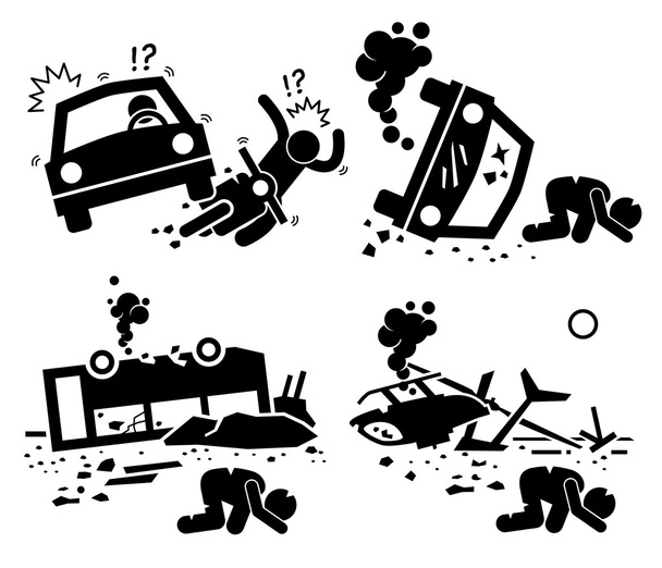車バイク衝突、バス事故、ヘリコプター事故スティック図ピクトグラム アイコンの災害事故の悲劇 - ベクター画像