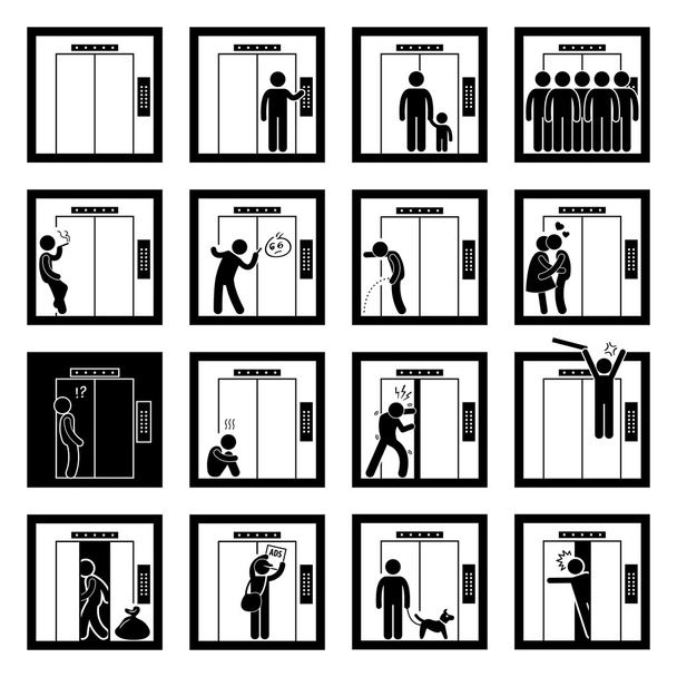 Cosas que la gente hace dentro del elevador Iconos de pictograma de figura de palillo de elevación - Vector, imagen