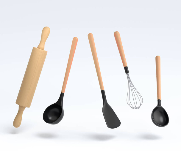 Wooden kitchen utensils, tools and equipment on white background. 3d render of home kitchen tools and accessories for cooking - Photo, Image
