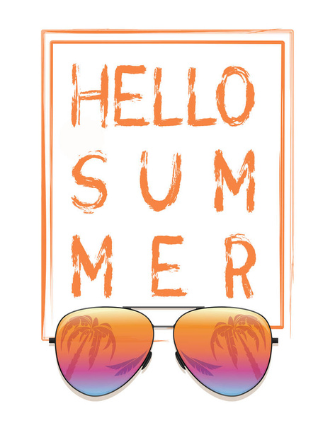 Mare e palme si riflettono negli occhiali da sole. Ciao estate lettering design. Illustrazione vettoriale isolata su sfondo bianco - Vettoriali, immagini