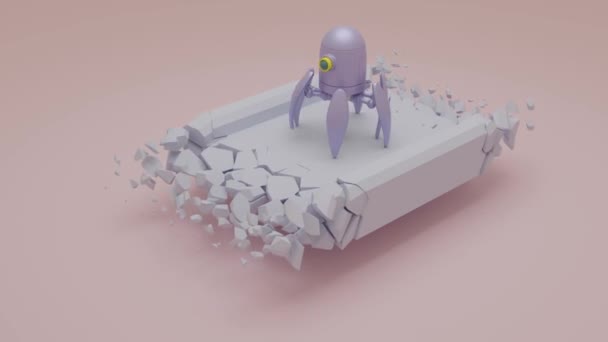 3d animation of a spider robot that moves along a collapsing road. The road in front of the robot appears out of nowhere. The idea of the unknown of tomorrow and the development of robotics. - Footage, Video