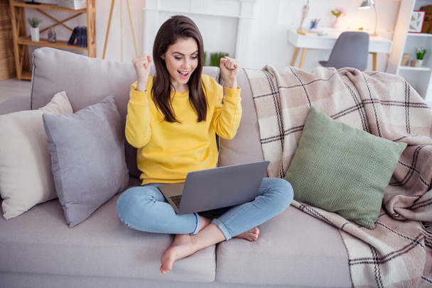 Full size photo of delighted satisfied person sit sofa use wireless netbook raise fists house indoors. - Fotografie, Obrázek