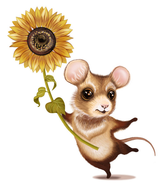 Die kleine Maus tanzt mit der Sonnenblume. Illustrationen für Kinderferien, Geburtstage, Valentinstage, Druck auf Textilien und Souvenirs. - Foto, Bild