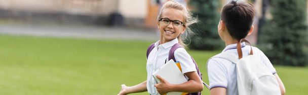 Positive schoolgirl with notebooks walking near friend on lawn in park, banner  - Foto, imagen