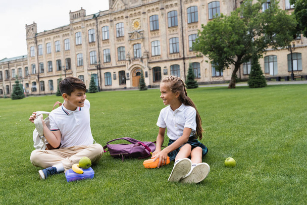 Smiling multiethnic schoolkids sitting near lunchboxes on grass in park  - Foto, afbeelding