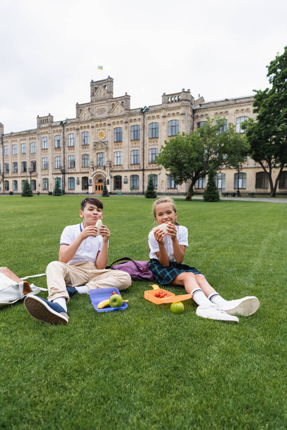 Positive preteen schoolkids holding sandwiches near lunchboxes on grass in park  - Fotografie, Obrázek