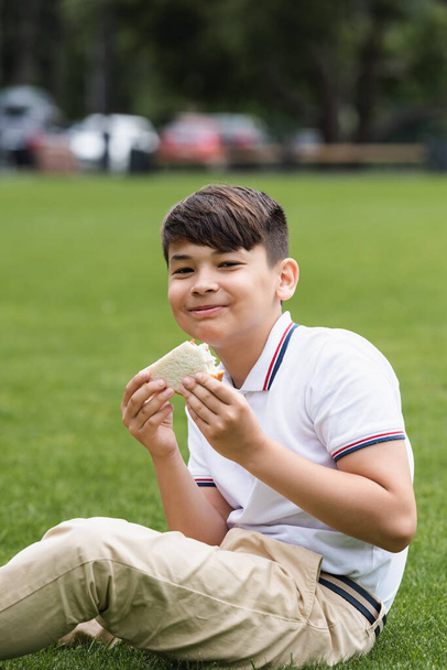 Smiling asian schoolboy holding sandwich on grass in park  - Fotó, kép