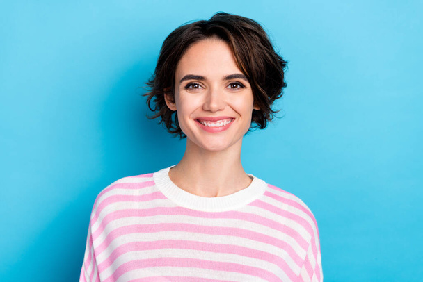Photo of beautiful good mood smiling woman wear sweater walking summer weekend isolated on blue color background. - Фото, изображение