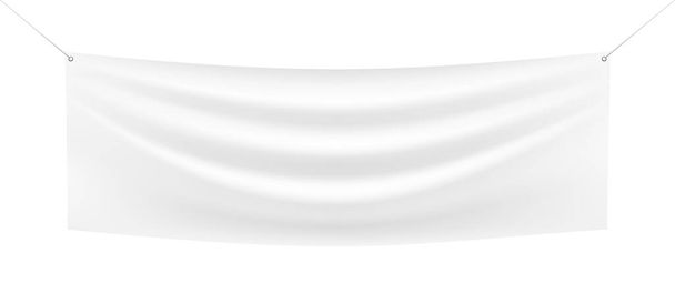Drapeau bannière en tissu blanc accroché aux cordes, isolé sur fond blanc. Bannière horizontale textile maquette réaliste. - Vecteur, image
