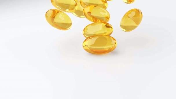 Zachte gelatinecapsules voor het bevatten van olieachtige drugs en voedingssupplementen zoals vitamine A en E. 3D-weergave beweging close-up. Vettige visolie supplementen - Video