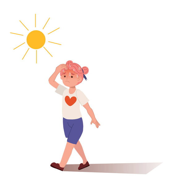 hitteberoerte concept.Zonnesteek en zonnebrand risico klein meisje onder brandende zon. Hoge temperatuur, Warm weer.Zomer - Vector, afbeelding
