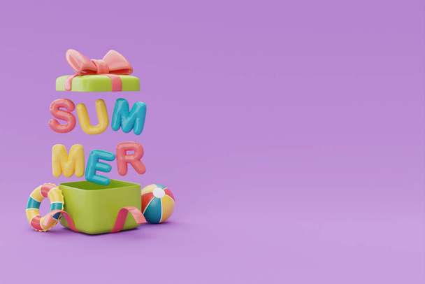 Opened gift box with colorful inflatable ring and colorful balloon text of summer on purple background, Summer time concept, 3d rendering. - Photo, image