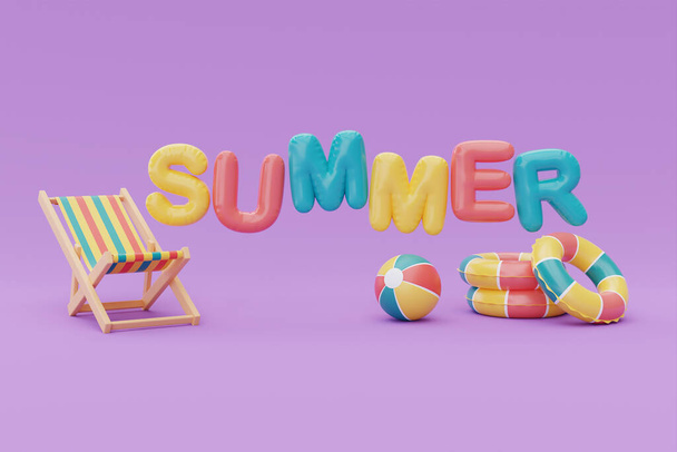 Summer time concept with beach chair and colorful summer beach elements on purple background, 3d rendering - Photo, Image