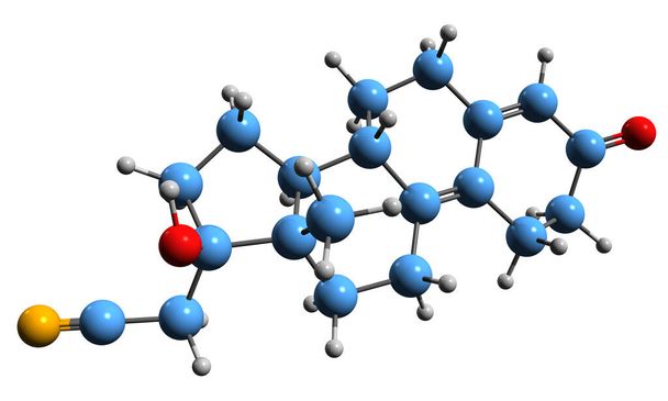 Imagem 3D da fórmula esquelética Dienogest estrutura química molecular da medicação progestina isolada no fundo branco - Foto, Imagem