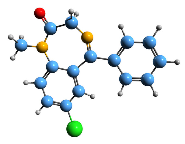  3D-Aufnahme der Diazepam-Skelettformel - molekulare chemische Struktur von Benzodiazepin isoliert auf weißem Hintergrund - Foto, Bild