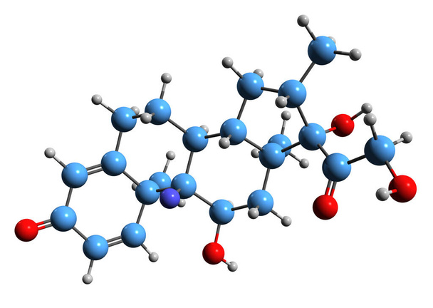 Dexamethasone骨格式の3D画像-白い背景に単離されたグルココルチコイド薬の分子化学構造 - 写真・画像