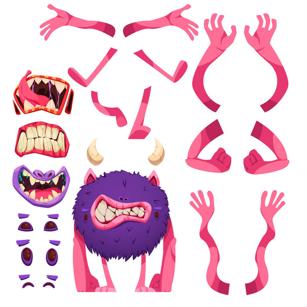 Monster konstruktor zestaw kreskówek usta zęby głowy nogi i ręce pojedyncze elementy dla dzieci gry płaski wektor ilustracji - Wektor, obraz