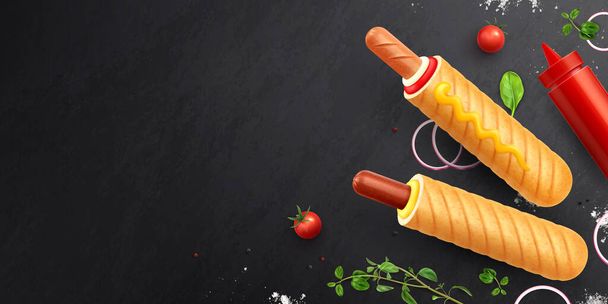 French hot dog realistic composition with set of isolated images with ingredients on top of blackboard vector illustration - Vector, Image