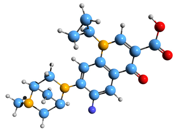 Danofloxacin iskelet formülünün 3 boyutlu görüntüsü - beyaz arkaplanda izole edilmiş florokinolon antibiyotiğinin moleküler kimyasal yapısı - Fotoğraf, Görsel