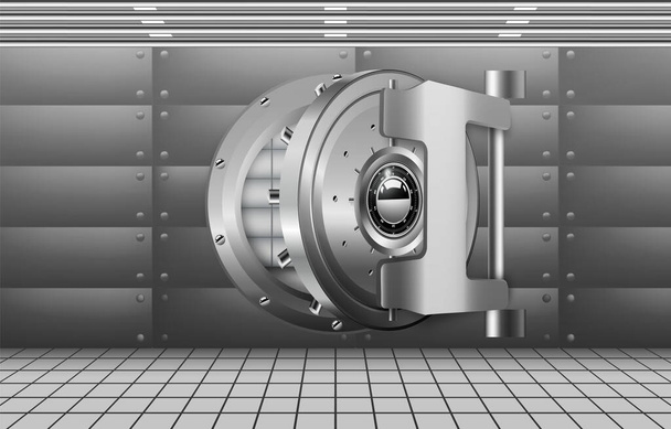 Внутренняя реалистичная композиция банковского сейфа с открытой массивной металлической дверной векторной иллюстрацией - Вектор,изображение