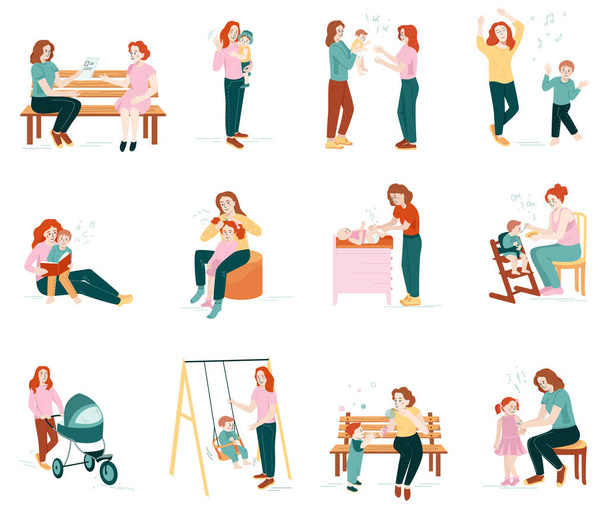 女性の乳母と異なる年齢のベクトル図の赤ちゃんと孤立した人間の文字のベビーシッターフラットアイコンセット - ベクター画像